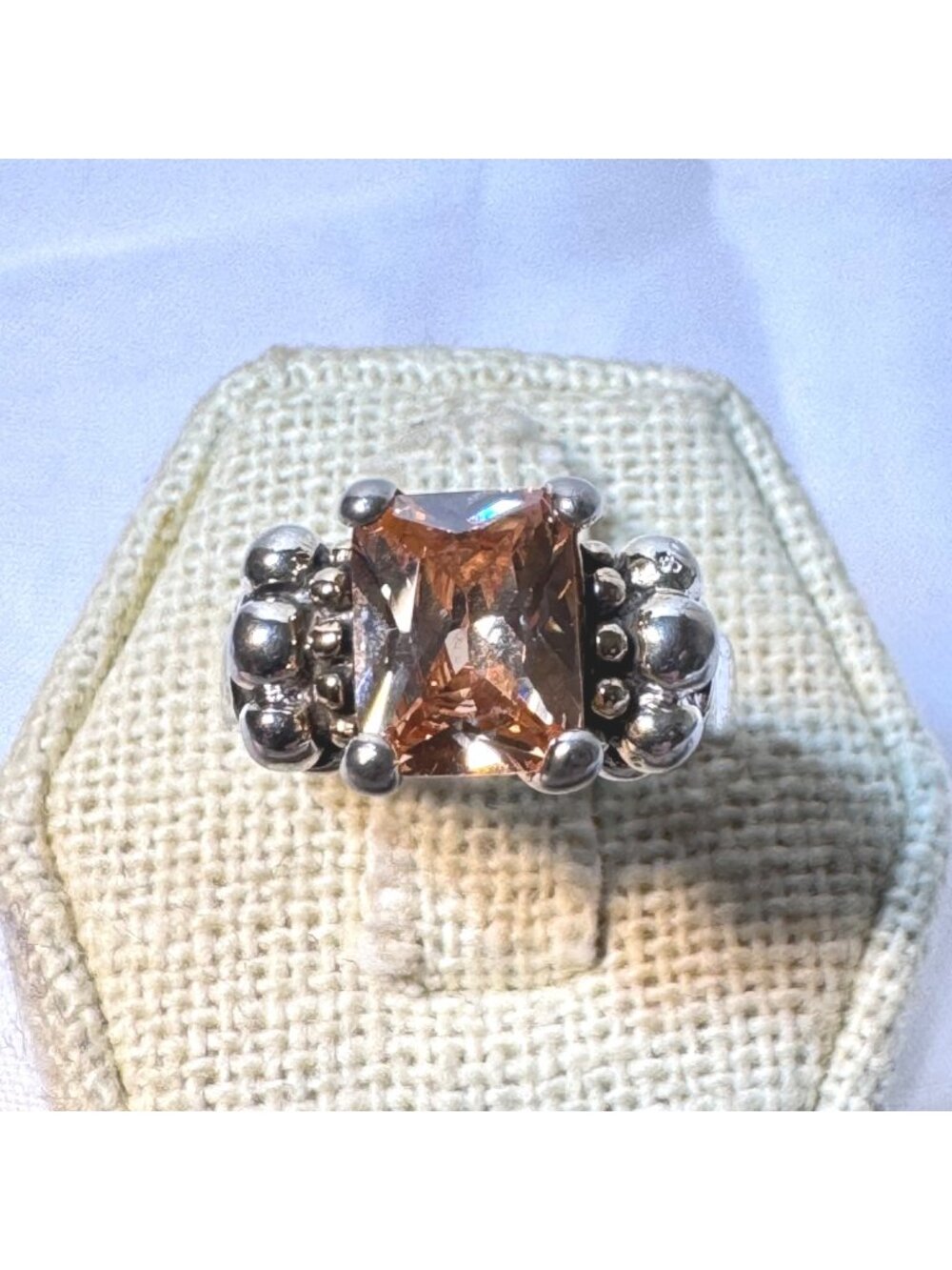 Emerald Cut Peach CZ Sterling Silver 925 Beaded Tapered Shoulders Ring Size 6